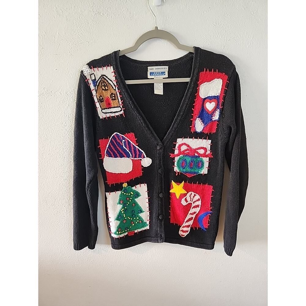 Holiday Patchwork V-Neck Cardigan - Black